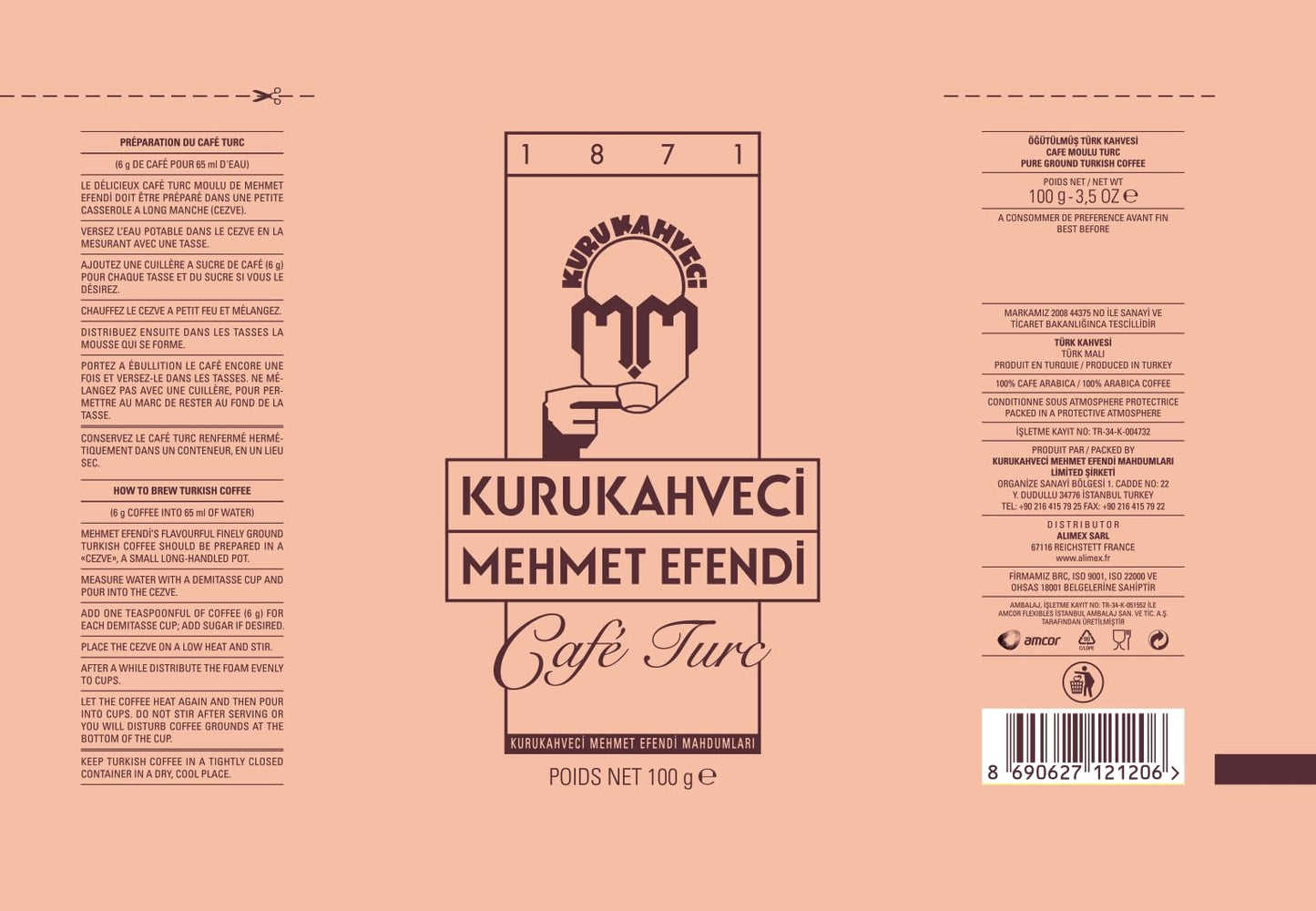 KURUKAHVECI MEHMET EFENDI Turkish Coffee, Arabica Beans, Roasted, Medium to Heavy-bodied, 3.52 OZ / 100 Gr