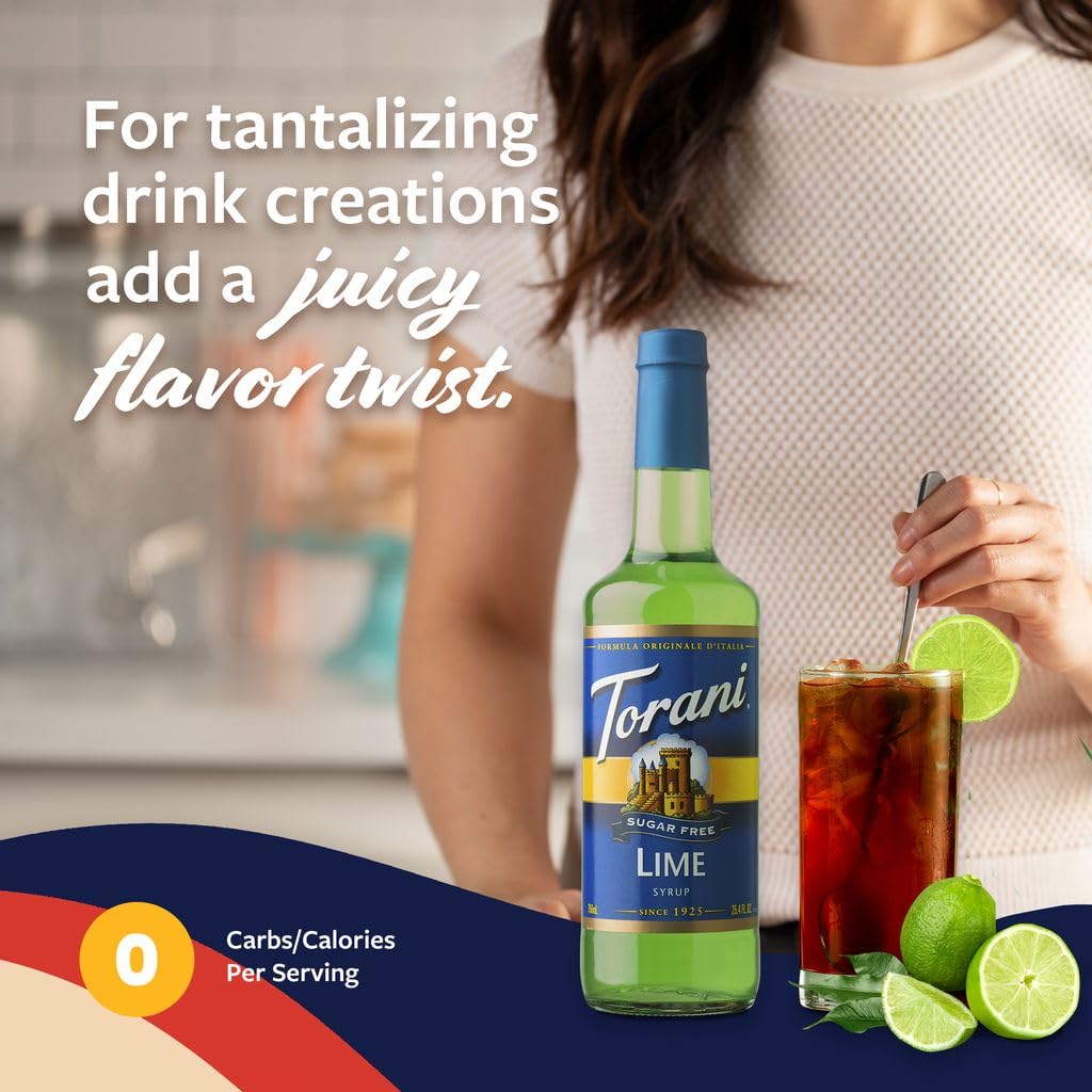 Torani Sugar Free Syrup, Lime Flavoring For Drinks, Zero Calorie, Glass Bottle With Pump Included, 25.4 Fl Oz