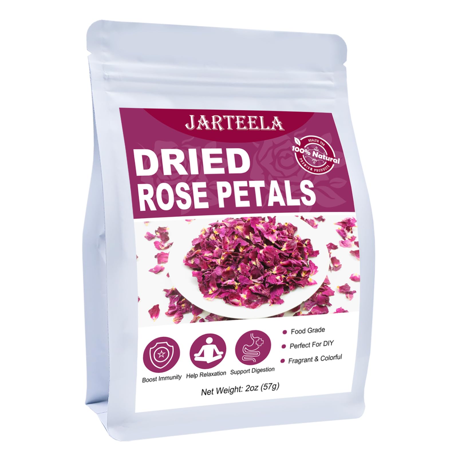 Jarteela - Dried Rose Petals Culinary- Natural Edible Rose Petals, 2oz - Food Grade Flower Petals - Non-GMO Tea - Perfect for So