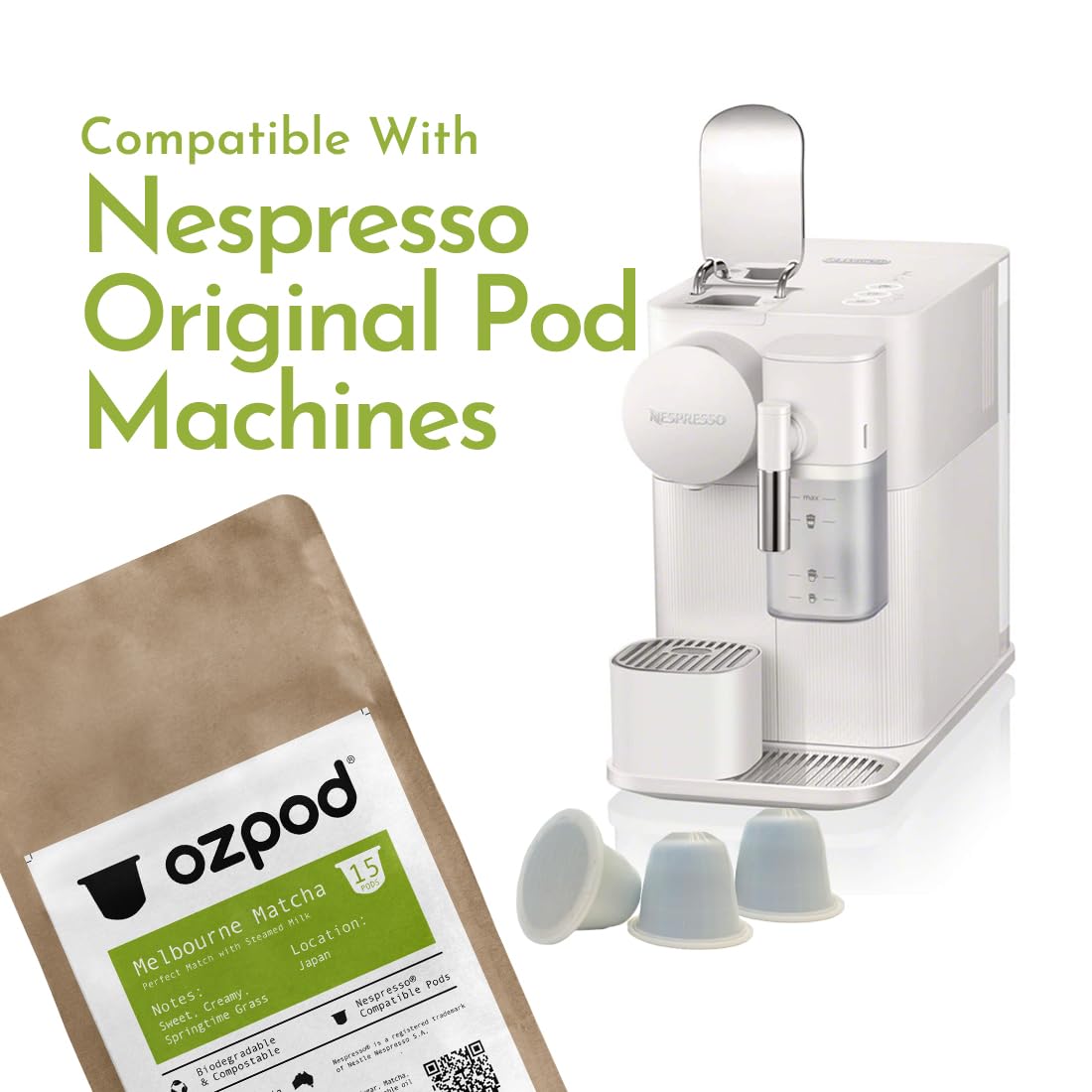 OzPod Matcha Green Tea Pods, Compatible with Nespresso Original, 100% Compostable, 15 Count