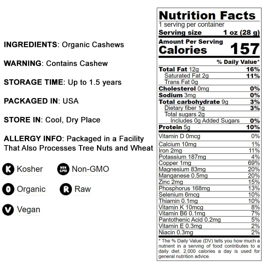Food To Live - Organic Cashew Pieces, 3 Pounds - Non-Gmo, Kosher, Raw, Vegan, Unsalted, Unroasted, Bulk