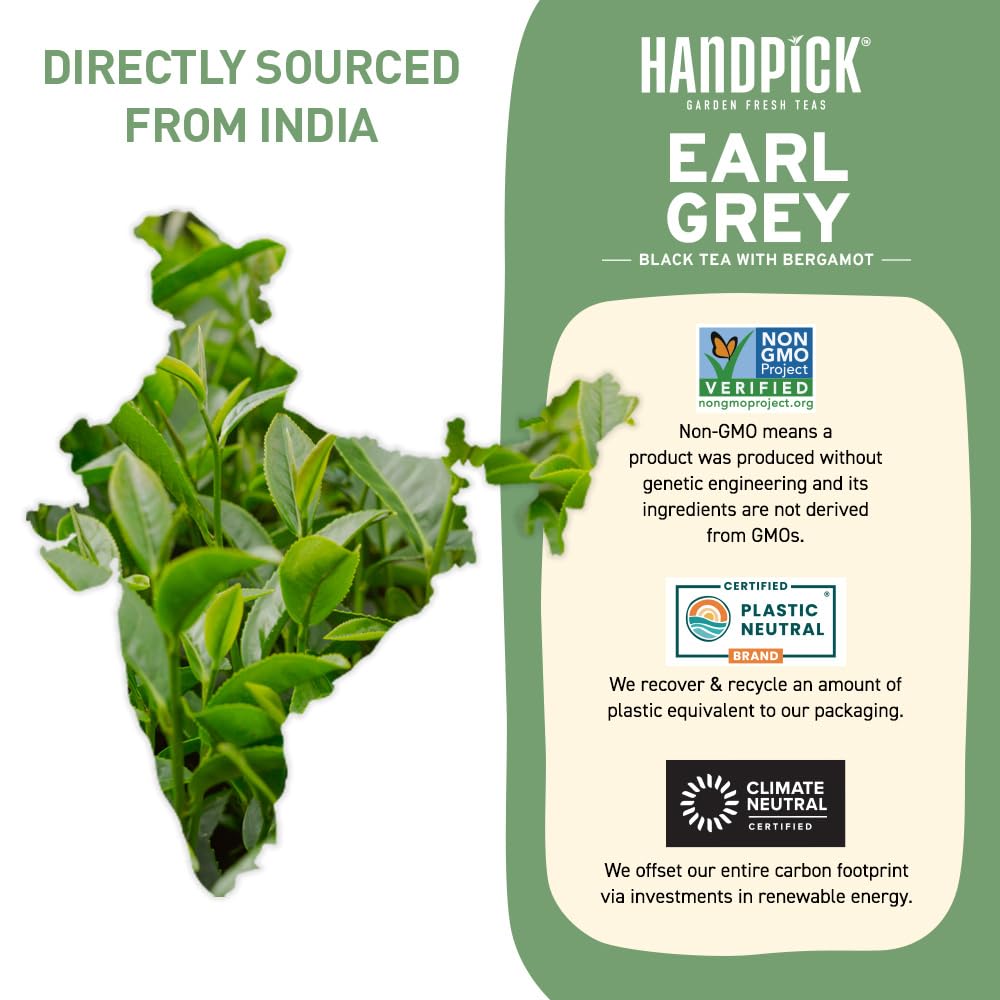 Handpick, Organic Earl Grey Black Tea Bags (100 Count) Double Bergamot Oil | Caffeinated, Usda Organic Earl Grey Tea Bags | Flav