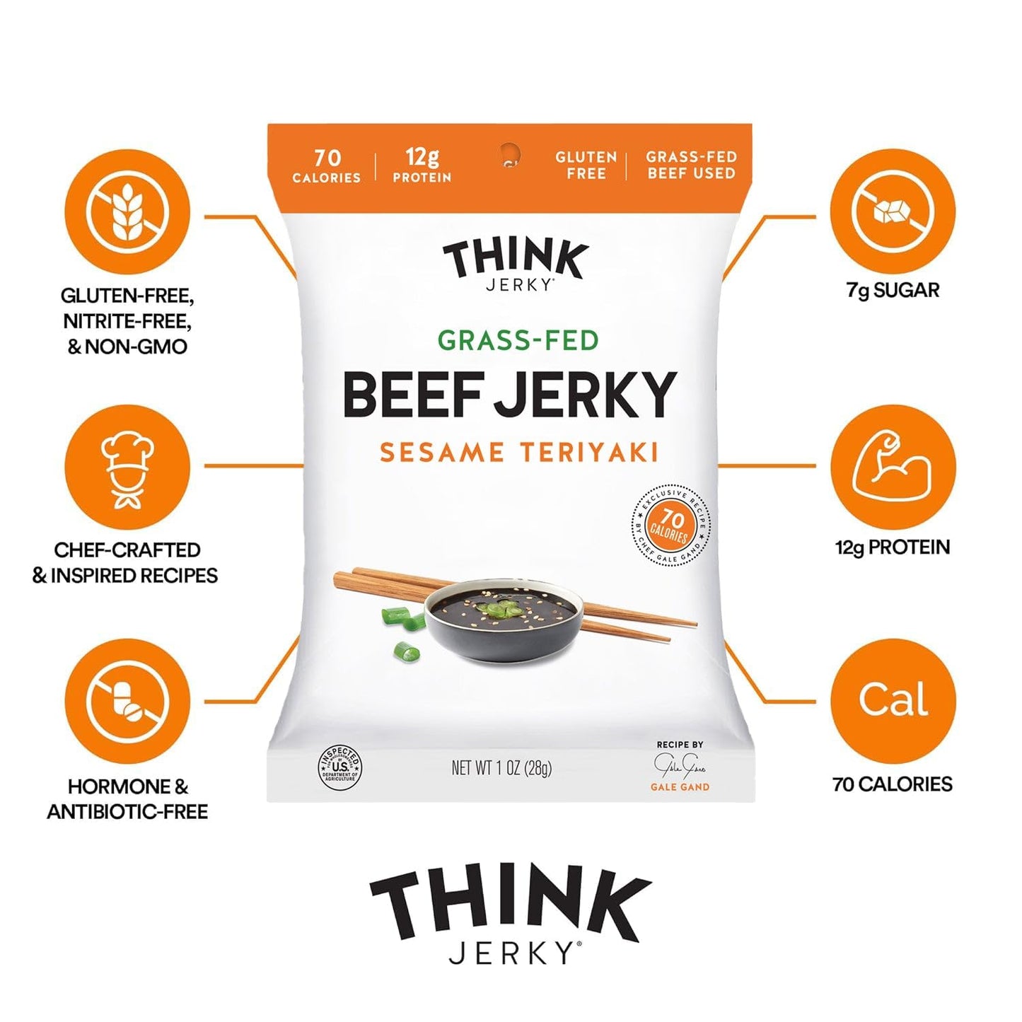 Think Jerky Sesame Teriyaki Beef Jerky, Gluten Free, High Protein, 1 oz Bags, 12 Pack