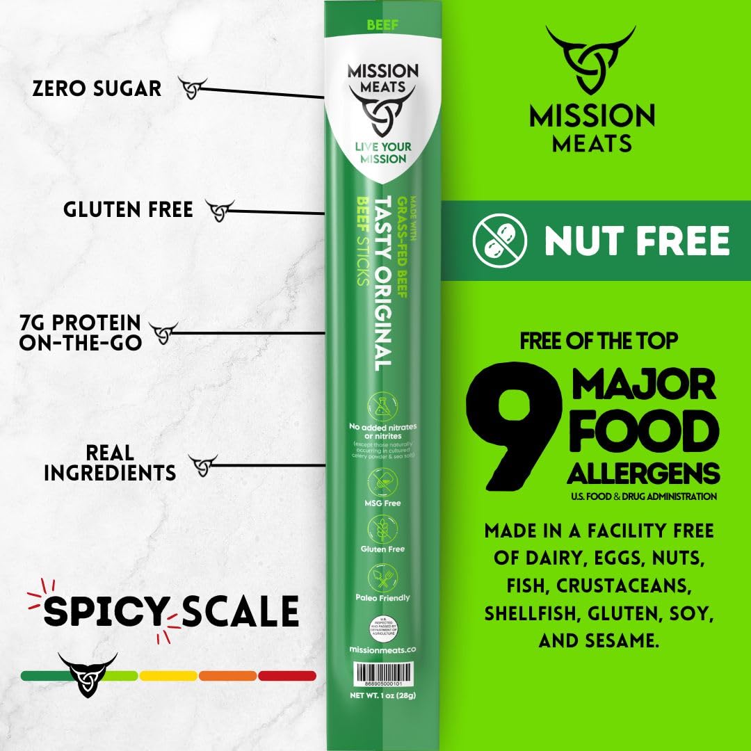 Mission Meats Beef Sticks - 100% Grass Fed & Pasture Raised, Zero Sugar, Gluten Free, Individually Wrapped Healthy Snacks, Whole