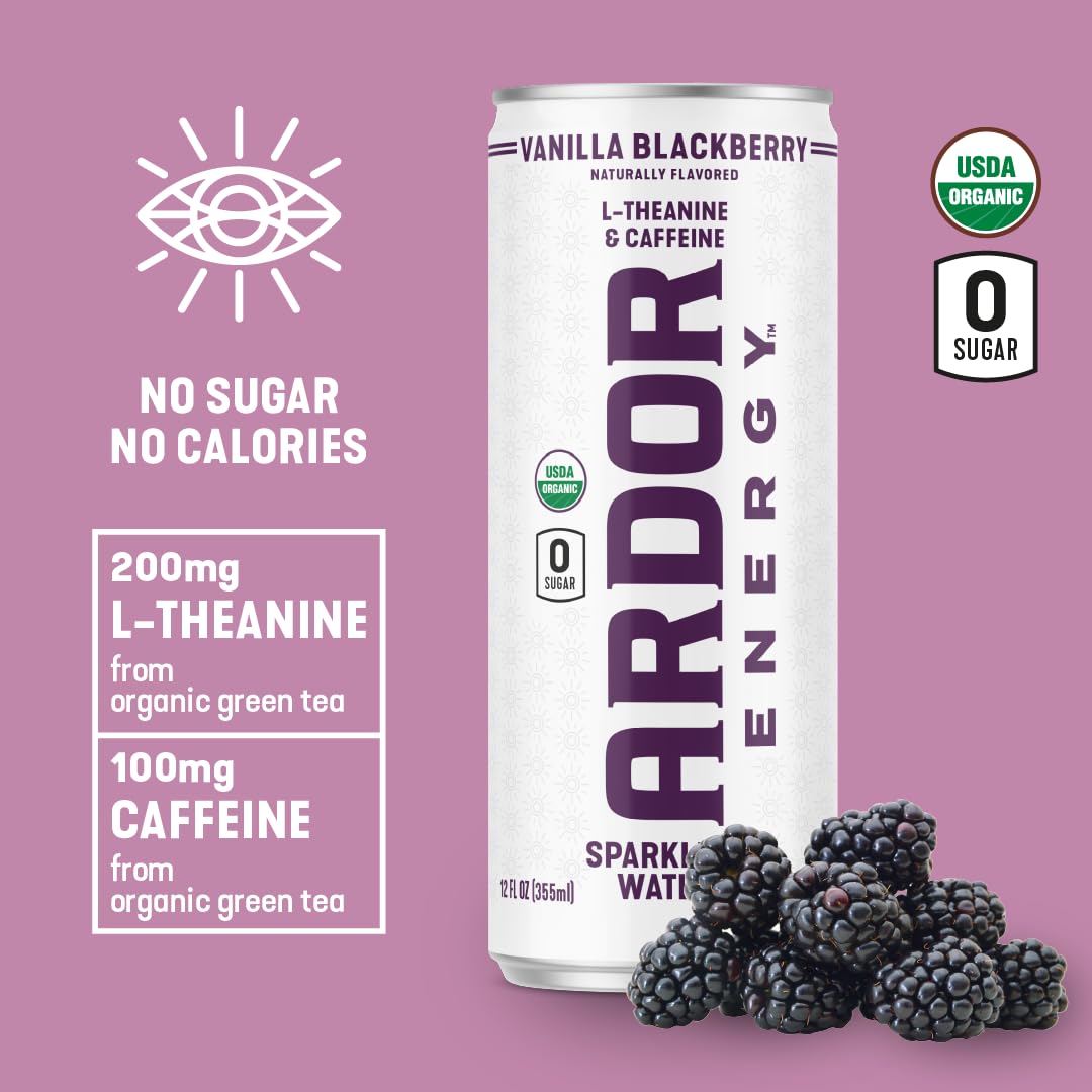 ARDOR ENERGY Sparkling Water - Vanilla Blackberry, 12 Pack, 100mg Organic Caffeine, 200mg L-Theanine, No Sugar, Vegan, Gluten Free