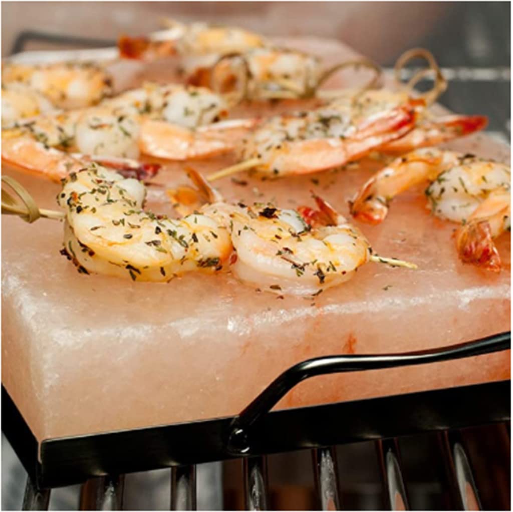 OULLYY Himalayan Salt Plate Set, 12 x 8 x 1.6, Pink, Includes Holder for Grilling, Searing, Chilling, Cutting, and Serving