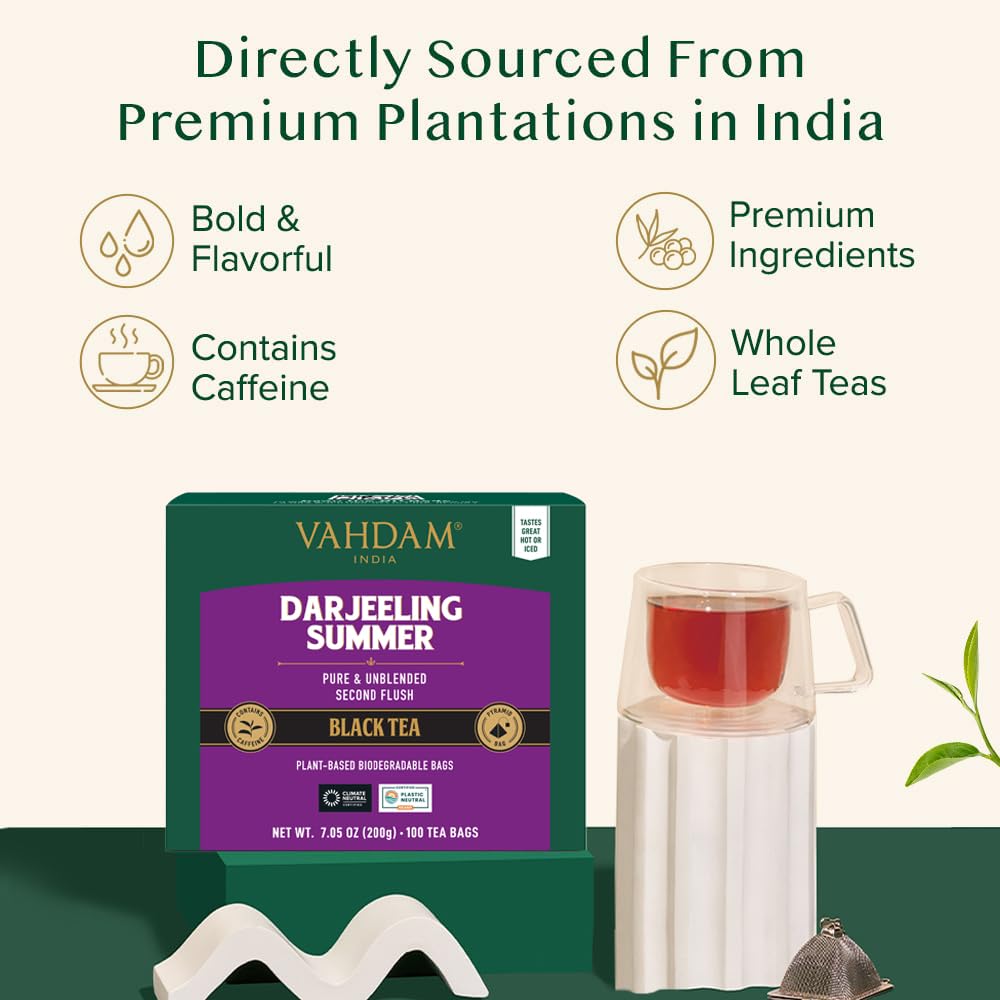 VAHDAM Darjeeling Black Tea Bags, High Caffeine, Non-GMO, Gluten Free, 100 Count
