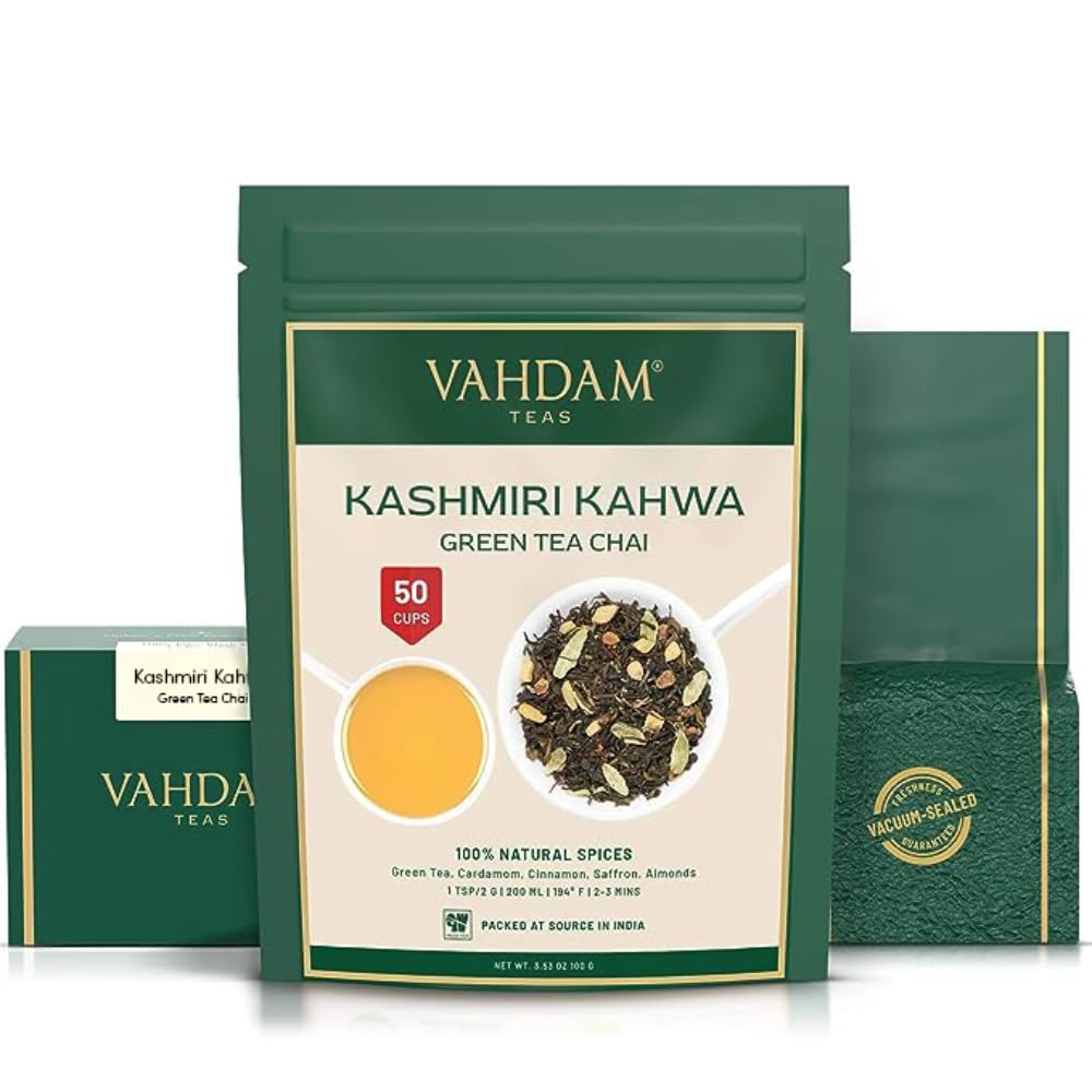 Vahdam, Kashmiri Kahwa Tea (50 Cups/3.53Oz) | Green Tea, Cinnamon, Cardamom, Almond & Saffron | Enhanced India Loose Leaf Tea | Vacuum Sealed For Freshness
