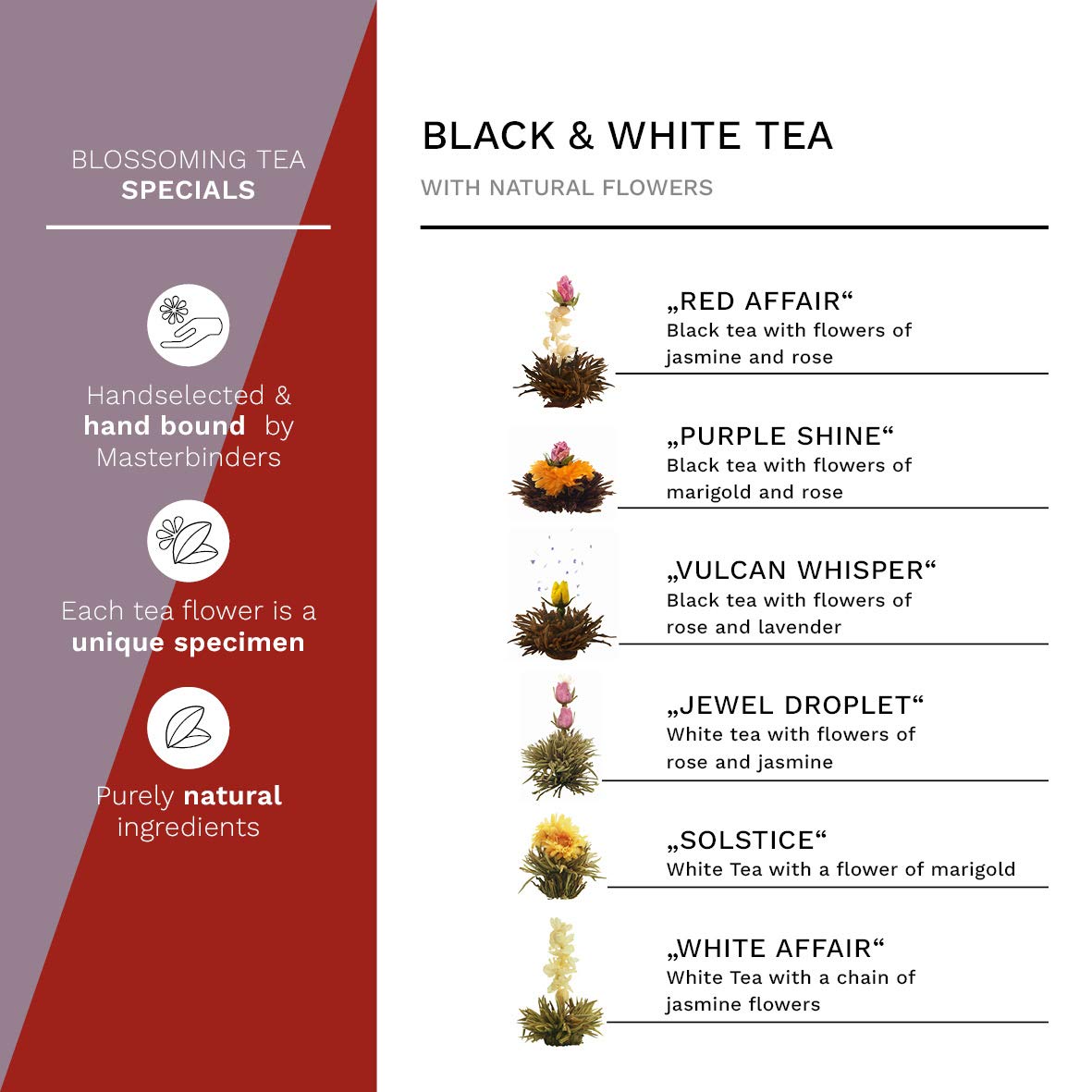 Creano Blooming Tea Gift Set With Glass Pot 17Oz/500Ml With 6 Flowering-Tea Each 3Pcs White & Black Tea