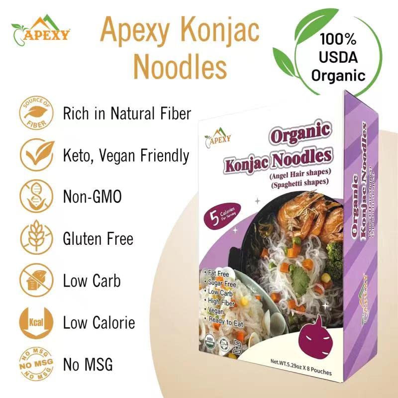 Apexy Organic Shirataki Konjac Noodle 8 Pouches Total 42.24Oz. Low Calorie, Low-Carb Gluten Free, Vegan, Keto And Paleo-Friendly. (Angel Hair & Spaghetti Shapes Combo)