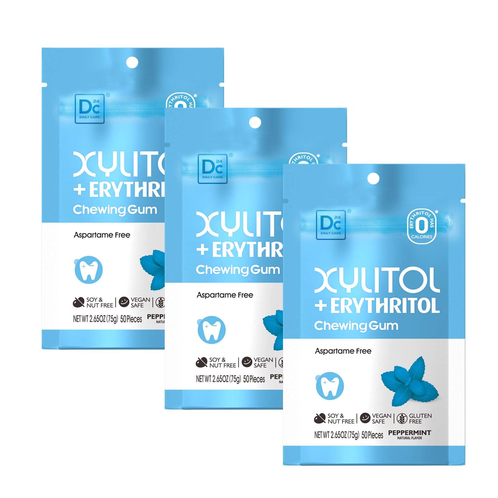 DC24 DAILY CARE Sugar Free Xylitol Chewing Gum, Natural Peppermint, 150 Count (Pack of 3), Aspartame Free, Low-Calorie, White