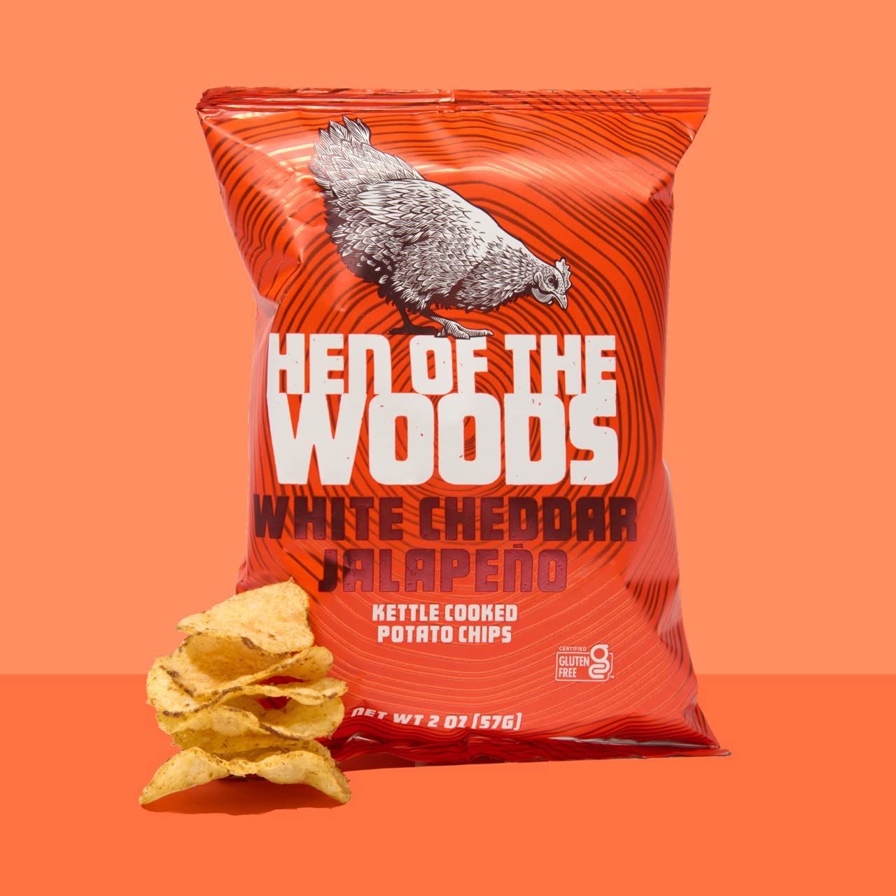 Hen Of The Woods Kettle Cooked Potato Chips, White Cheddar Jalapeno Flavor, 2 Ounce Bag, 12-Pack