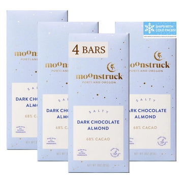 Moonstruck Chocolate Dark Chocolate Bar with Sea Salt and Almonds, 68% Cacao, 3.0oz (Pack of 4)