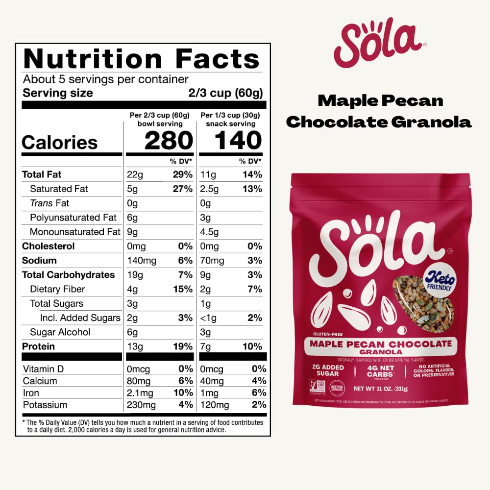 Sola Low Carb & Keto Friendly Granola, Maple Pecan Chocolate - Low Sugar, Naturally Flavored, Gluten Free & No Artificial Colors