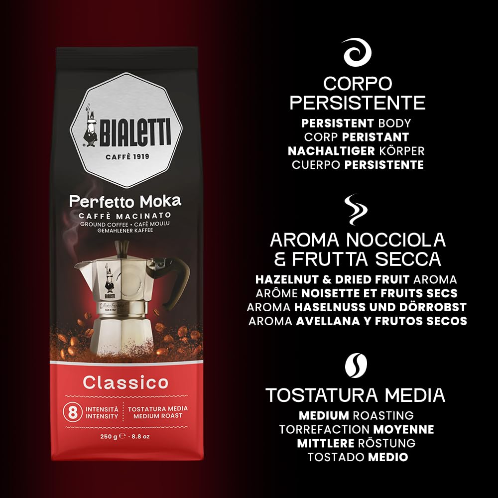 Bialetti - Perfetto Moka Classico: Medium roast ground coffee, hazelnut and dried fruit aroma, 250g x 6, bag with aroma valve