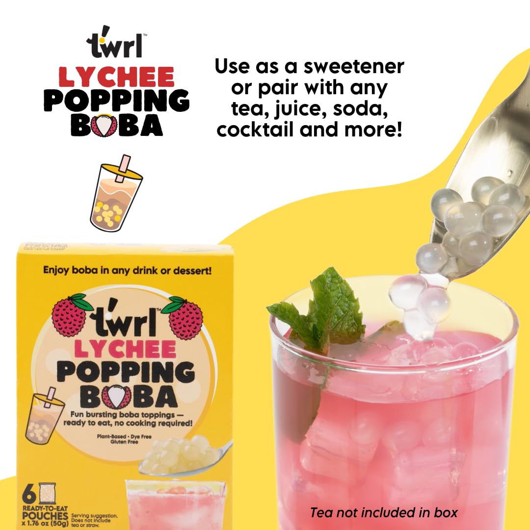 Twrl Lychee Popping Boba for Bubble Tea - Cafe Style Bursting Juice-Filled Pearl Toppings at Home  Instant  Plant-Based  Gluten-Free  Dye-Free  No High Fructose Corn Syrup - 6 Single Servings