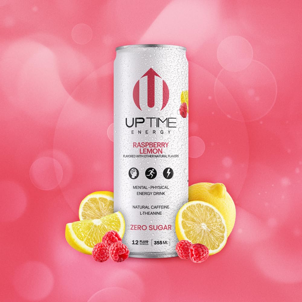 UPTIME Energy Drink, Raspberry Lemon, 12 Pack, Sugar Free, 12 Fl Oz Cans, 142mg Natural Caffeine