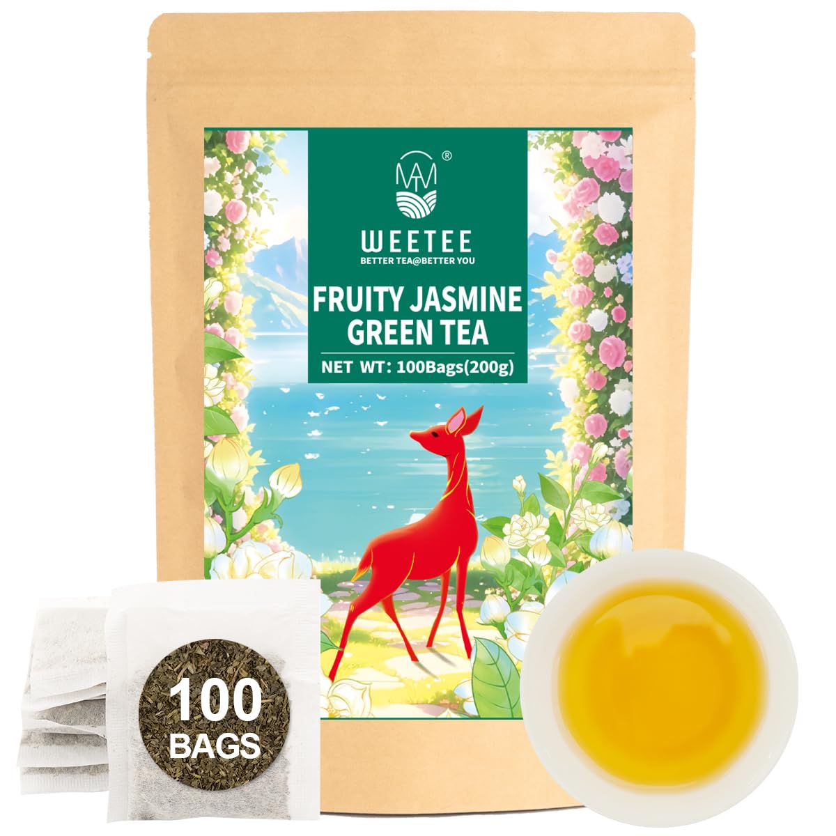 WT WEETEE Fruity Jasmine Green Tea Bags 100 Counts, Flavored Green Tea with Jasmine, Grapes, Passionfruit & Strawberry Aroma, Na