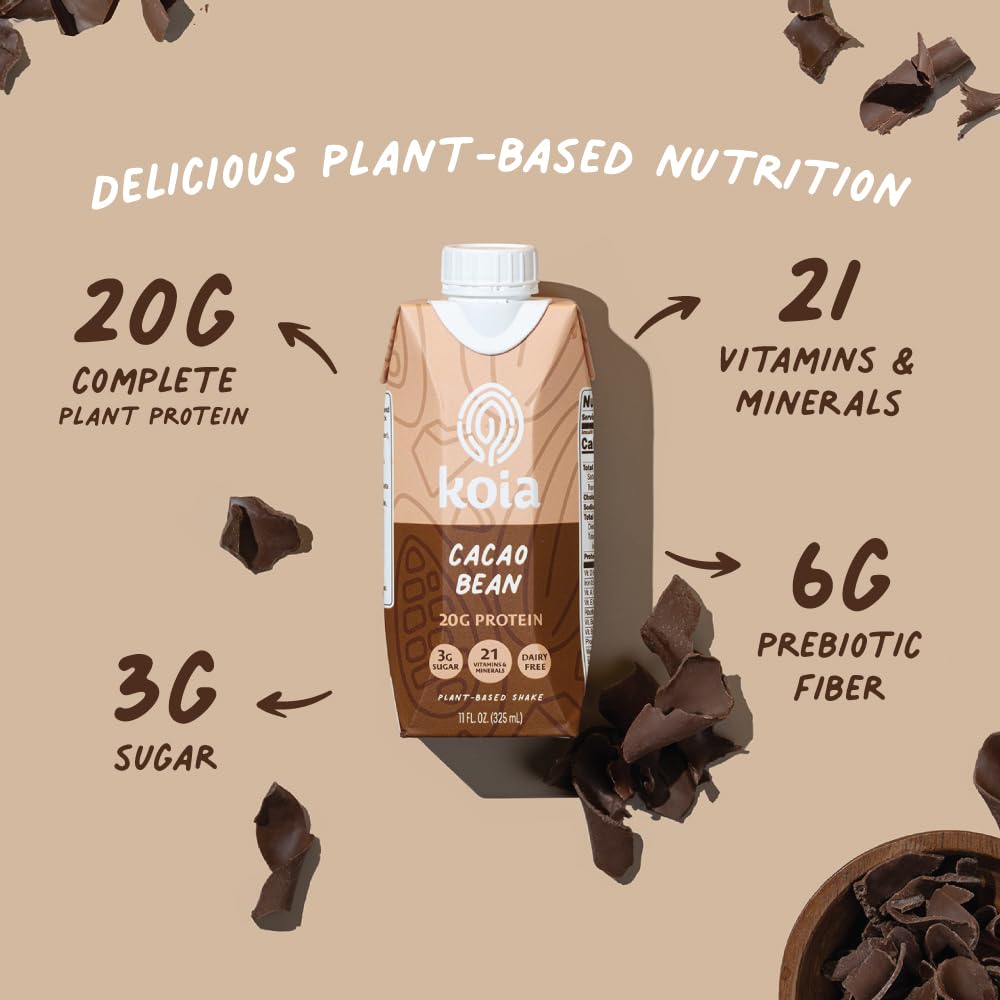 Koia Plant Based Protein Shake, Cacao Bean, 20g Protein, 3g Sugar, 6g Prebiotic Fiber, 21 Vitamins & Minerals, Meal Replacement
