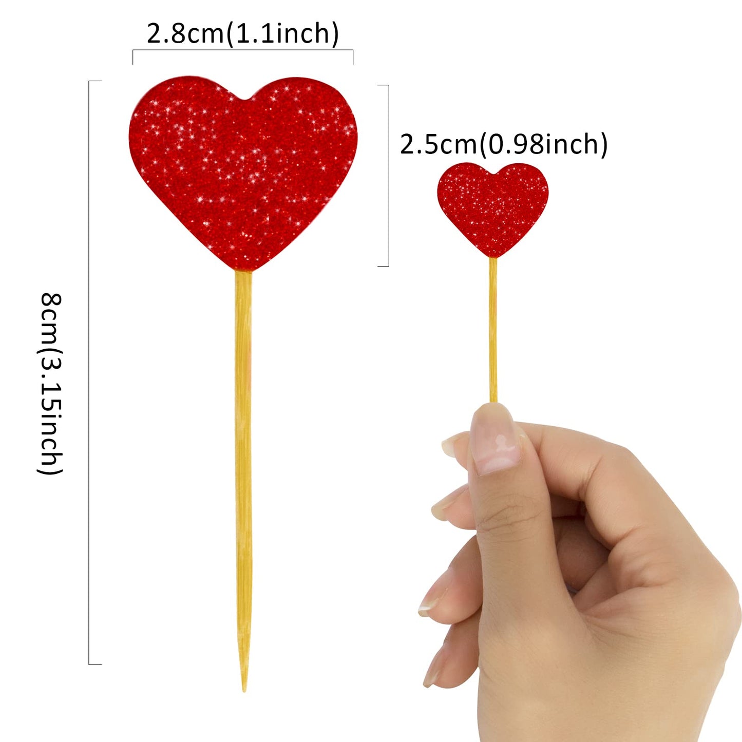 Looching Glitter Heart Cupcake Toppers, 50 PCS Red Food Picks for Wedding, Valentines Day, Birthday Party, Baby Shower