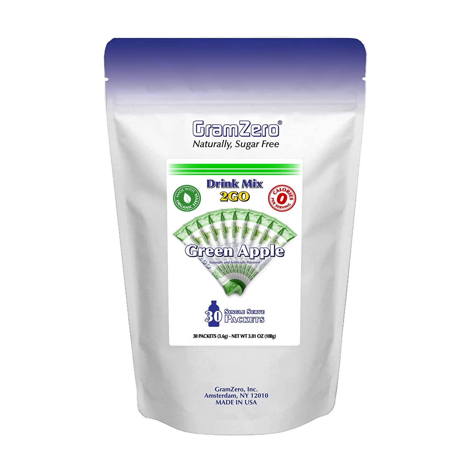 GramZero 2GO Sticks - Green Apple, Zero Calorie Sugar Free Drink Mix, Stevia Sweetened, Great For Nutrition Club Loaded Tea To G