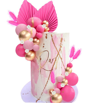 Flower Cake Topper Gold Palm Leaves Balls Cake Decoration For Baby Shower Birthday Party (Hot Pink)