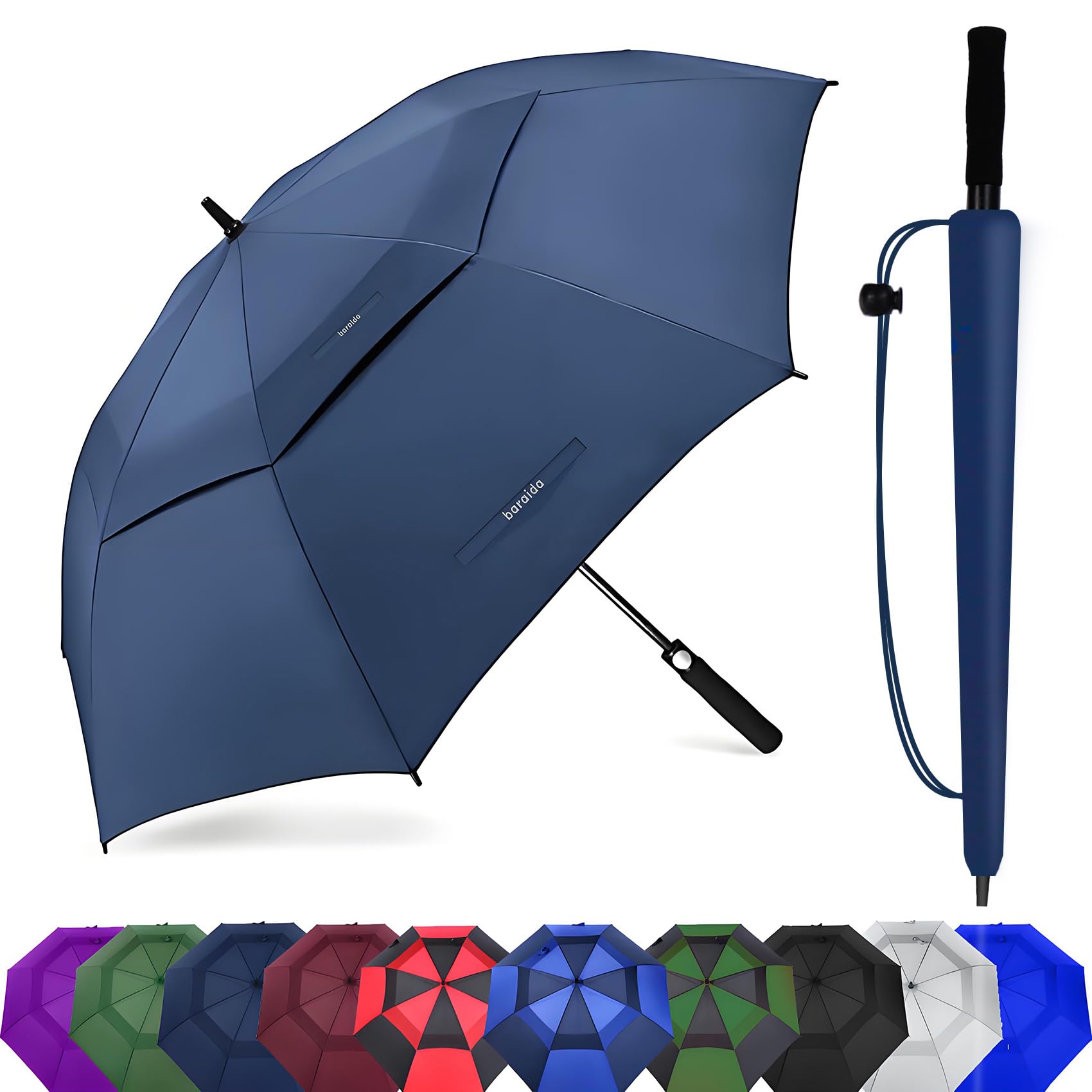 Baraida Golf Umbrella Large 62/68/72 Inch, Extra Large Oversize Double Canopy Vented Windproof Waterproof Umbrella, Automatic Open Golf Umbrella For Men And Women And Family.(62 Inch,Navy Blue)