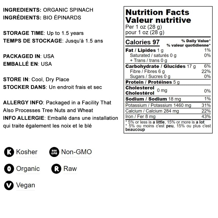 Food to Live Organic Spinach Powder, 4 Ounces - Non-GMO, Finely Ground Dehydrated Leaves, Pure, Vegan, Kosher, Bulk. Source of F
