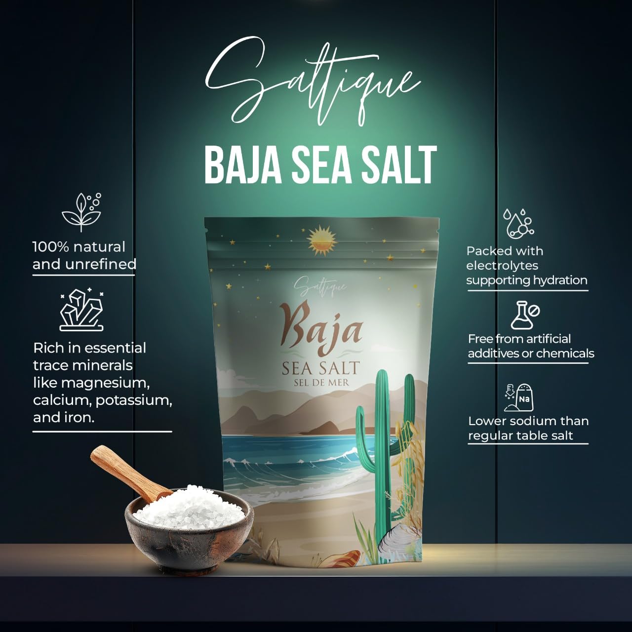 Saltique 5lb Baja Sea Salt Fine Ground - Contains a Balance of 90 Minerals Helping You Stay Hydrated And Improve Electrolyte Balance-100% Unrefined - GMO-free - Paleo