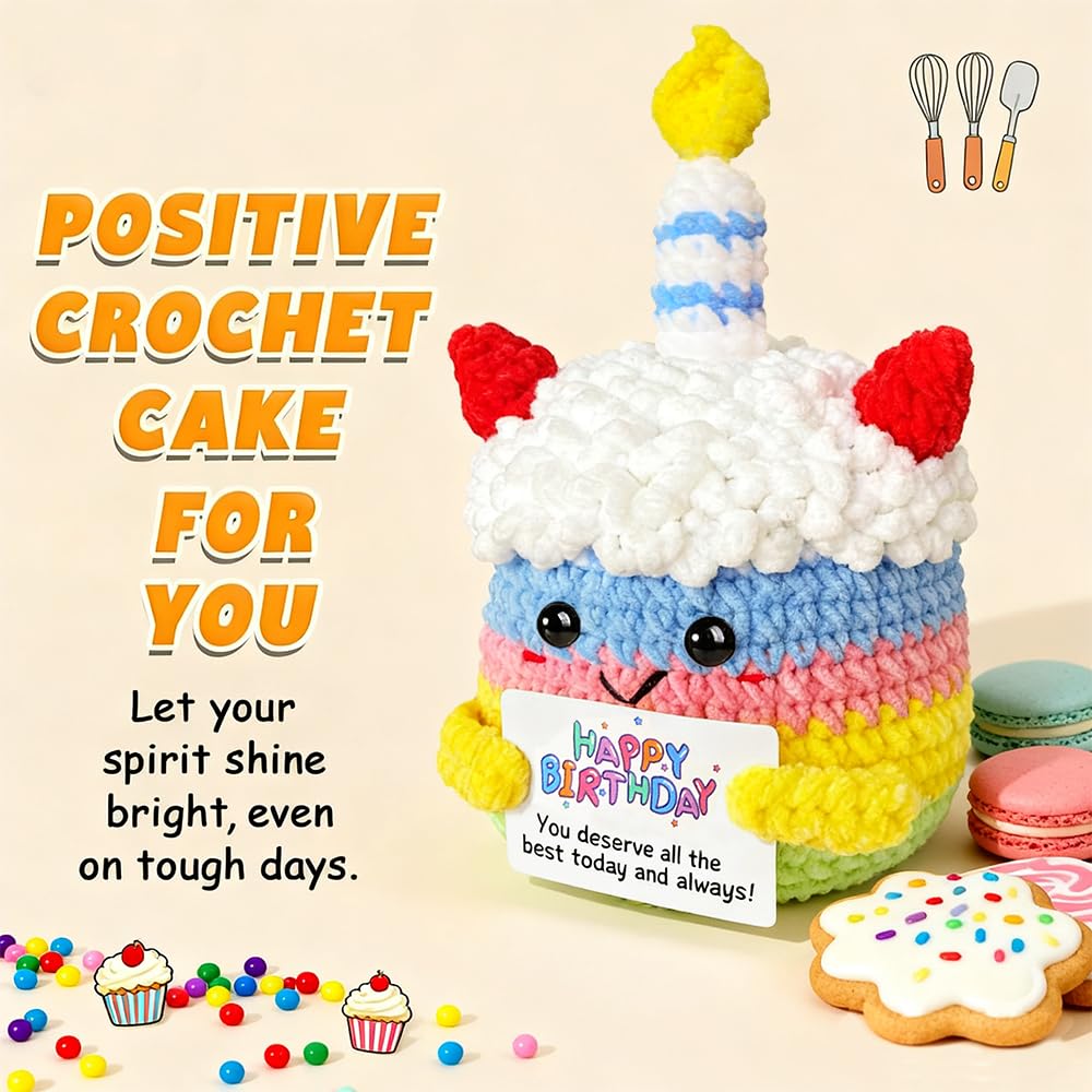 Happy Birthday Gifts For Women Her Girls Unique Emotional Support Crochet Positive Cake Plush Birthday Gift For Best Friend, Small Crochet Animal With Bday Card For Teen Mom Grandma Daughter Sister