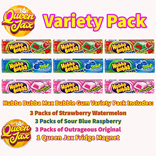 Hubba Bubba Max Bubble Gum - Variety Pack 3 Flavors (Total Of 9 Packs Of Gum) - Sour Blue Raspberry Bubble Gum - Strawberry Wate