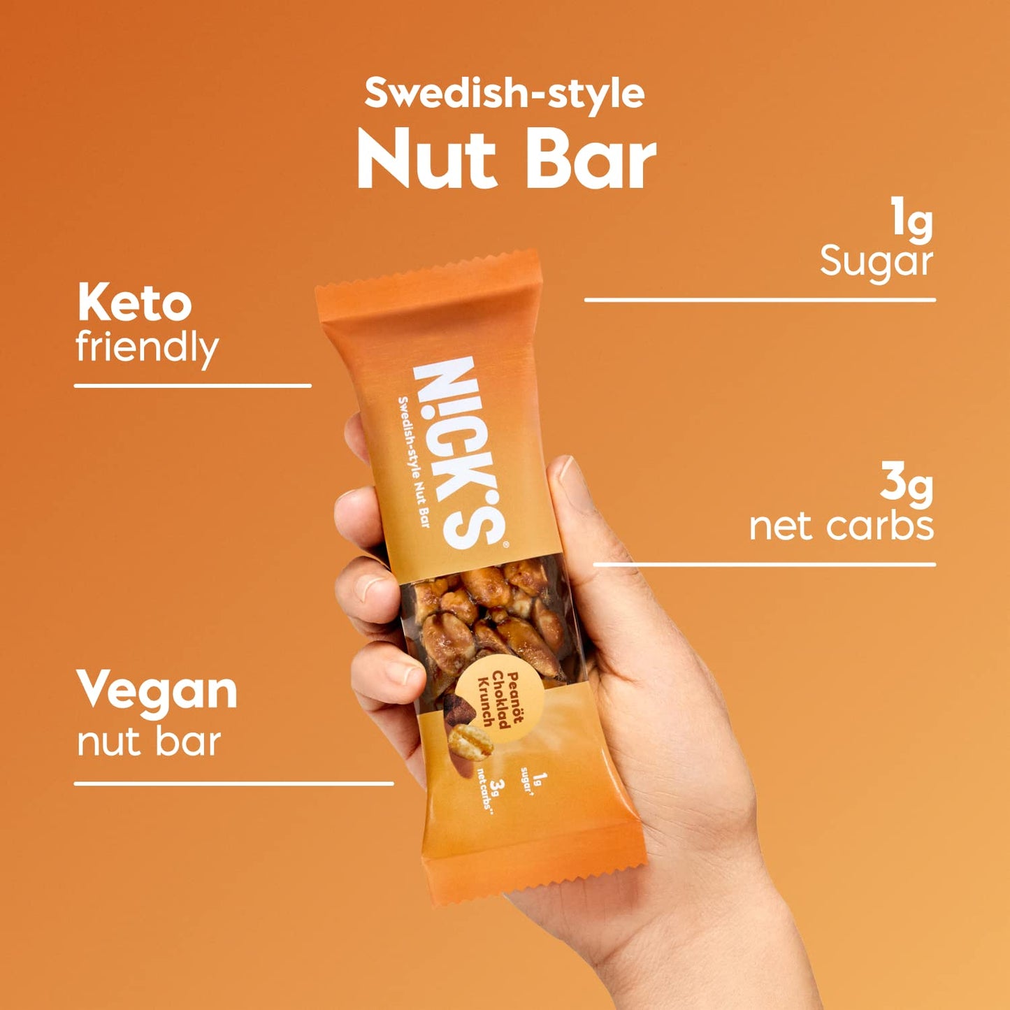 NICKS Peanut Chocolate Snack Bar, Keto Nut Snack for Sports, Hiking & Outdoor Activities, 1G sugar, 3G net carbs, healthy snack