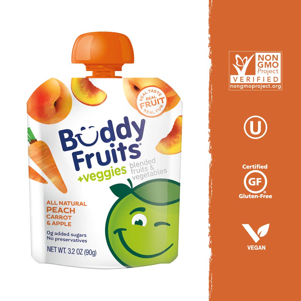 Buddy Fruits & Veggies Snacks To Go Peach Carrot Unsweetened Applesauce 3.2Oz Pouch (18Pk) Gluten-Nut-Dairy-Preservatives-Bpa Fr
