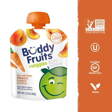 Buddy Fruits & Veggies Snacks To Go Peach Carrot Unsweetened Applesauce 3.2Oz Pouch (18Pk) Gluten-Nut-Dairy-Preservatives-Bpa Fr