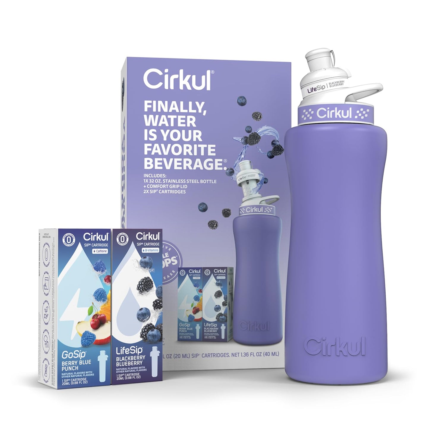 Cirkul 32oz. Matte Periwinkle Stainless Steel Water Bottle Starter Kit with Periwinkle Lid, 2 Flavor Cartridges (1 LifeSip Black