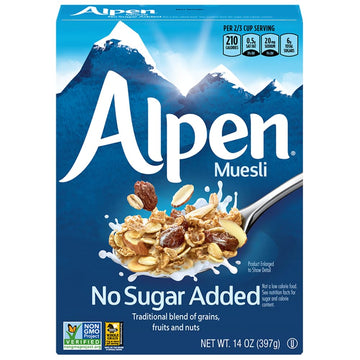 Alpen Muesli No Sugar Added Cereal, Heart Healthy Cereal with Wheat Flakes, Rolled Oats, Nuts and Raisins, Non-GMO Project Verif