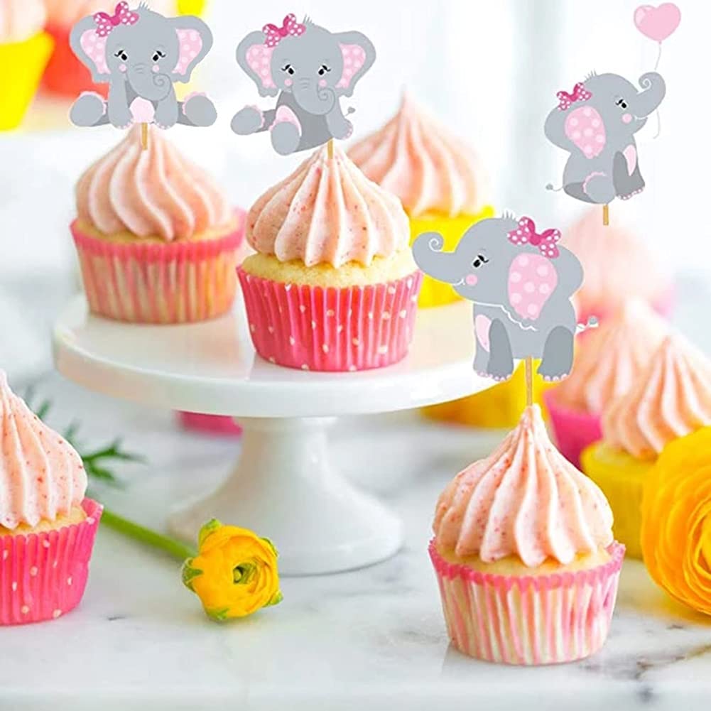 48Pcs Pink Elephant Cupcake Toppers, Double Sided It Is A Girl Elephant Cupcake Picks, Elephant Cake Cupcake Decorations For Ele