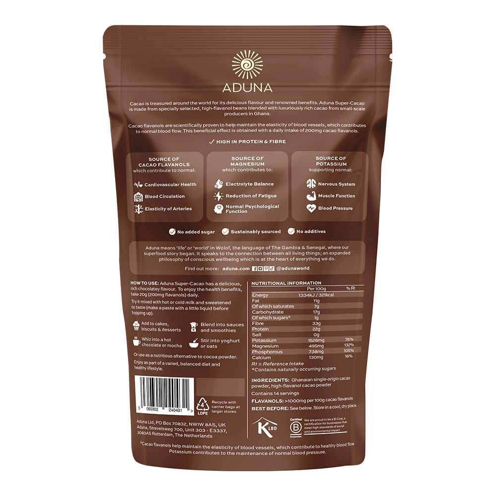 Aduna Super-Cacao Powder | 100% Natural Ghanaian Cacao For Heart Health & Energy Support | Natural Vegan Source Of Magnesium, Flavanols & Iron | Superfood For Hot Chocolate, Smoothies, & Baking | 275G
