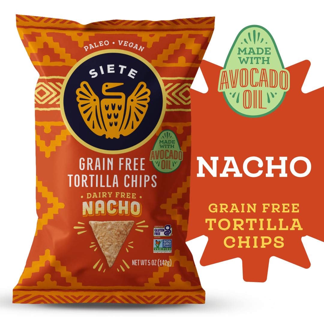Siete Tortilla Chips | Grain Free | Gluten Free Chips | Paleo & Vegan Snacks | Non Gmo | Nacho, 5 Oz (Pack Of 6)
