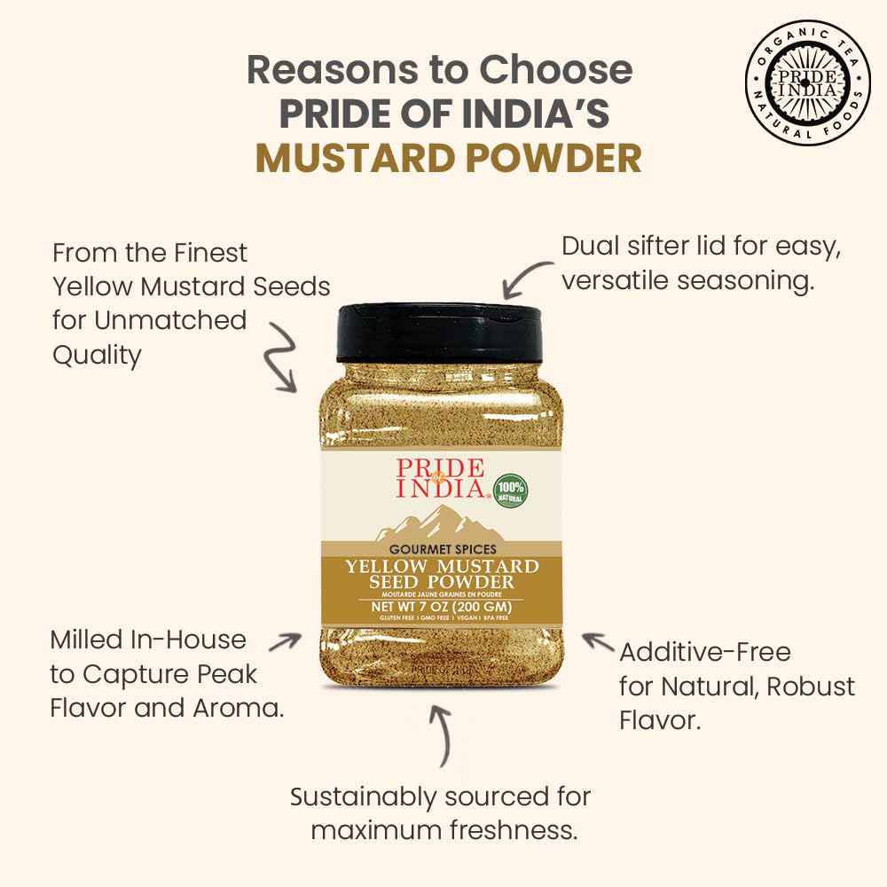 Pride Of India Yellow Mustard Ground - Gourmet Spice, 8oz Pack of 6, Preservatives Free, Ideal for Pickles, Dressings, Sauces