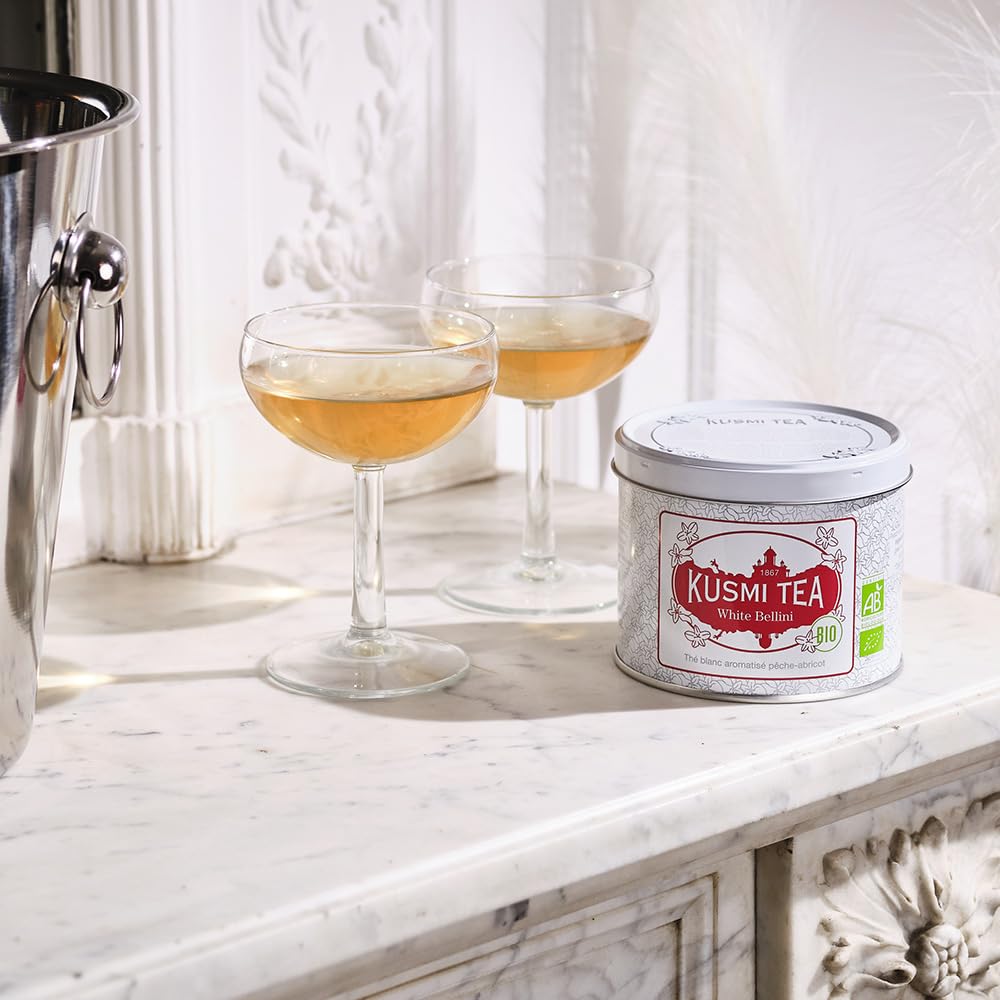 KUSMI TEA White Bellini Organic White Tea Blend with Peach & Apricot, Loose Leaf, 3.1 oz Tin Box, Model BBEL100BIO