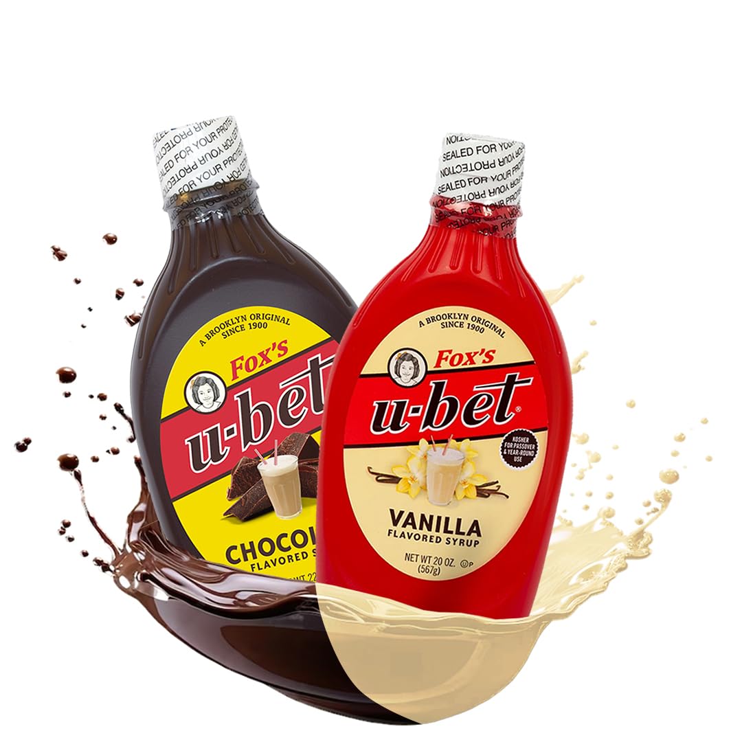 Foxs U-Play Syrup Bottle - Brooklyn Oriflavor Blendal Since 1900  Thick  No High Fructose Corn Syrup  Kosher Certified  Fat Free  For Egg Creams  Coffee  Milkshakes & Desserts (2-Pack  Chocolate & Vanilla)