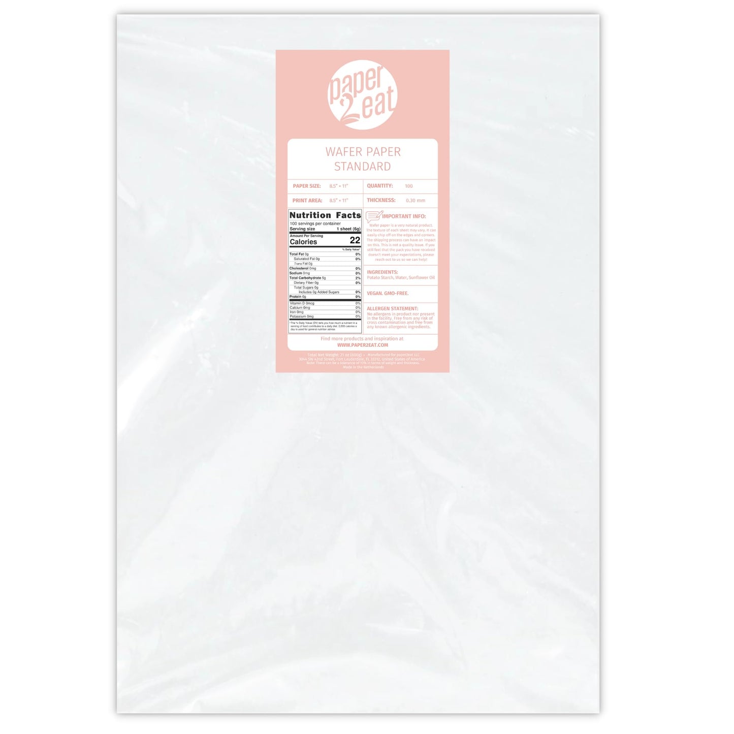 Paper2Eat Wafer Paper Sheets Standard 8.5 X 11 - 100 Count - 0.30 Mm - Edible Printer Paper