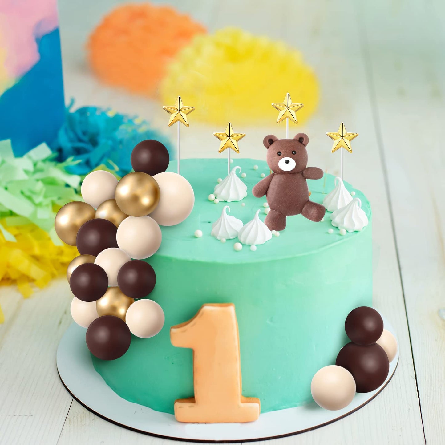 51 Pcs Bear Balls Cake Topper Mini Balloon Cake Topper Colorful Foam Pearl Ball Star Shaped Cake Toppers For Birthday Party Wedd