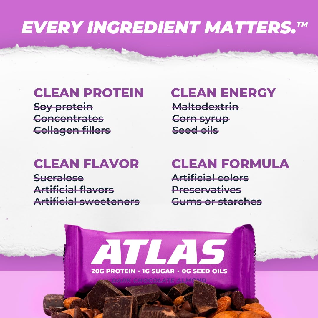 Atlas Protein Bar  20g Protein  1g Sugar  Clean Ingredients  Gluten Free (Dark Chocolate Almond  12 Count (Pack of 3))
