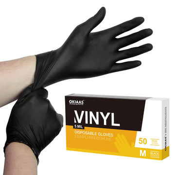 Okiaas Black Disposable Gloves Medium, Vinyl Gloves Disposable Latex Free, 5 Mil, 50 Count, For Food Prep, Household Cleaning, H