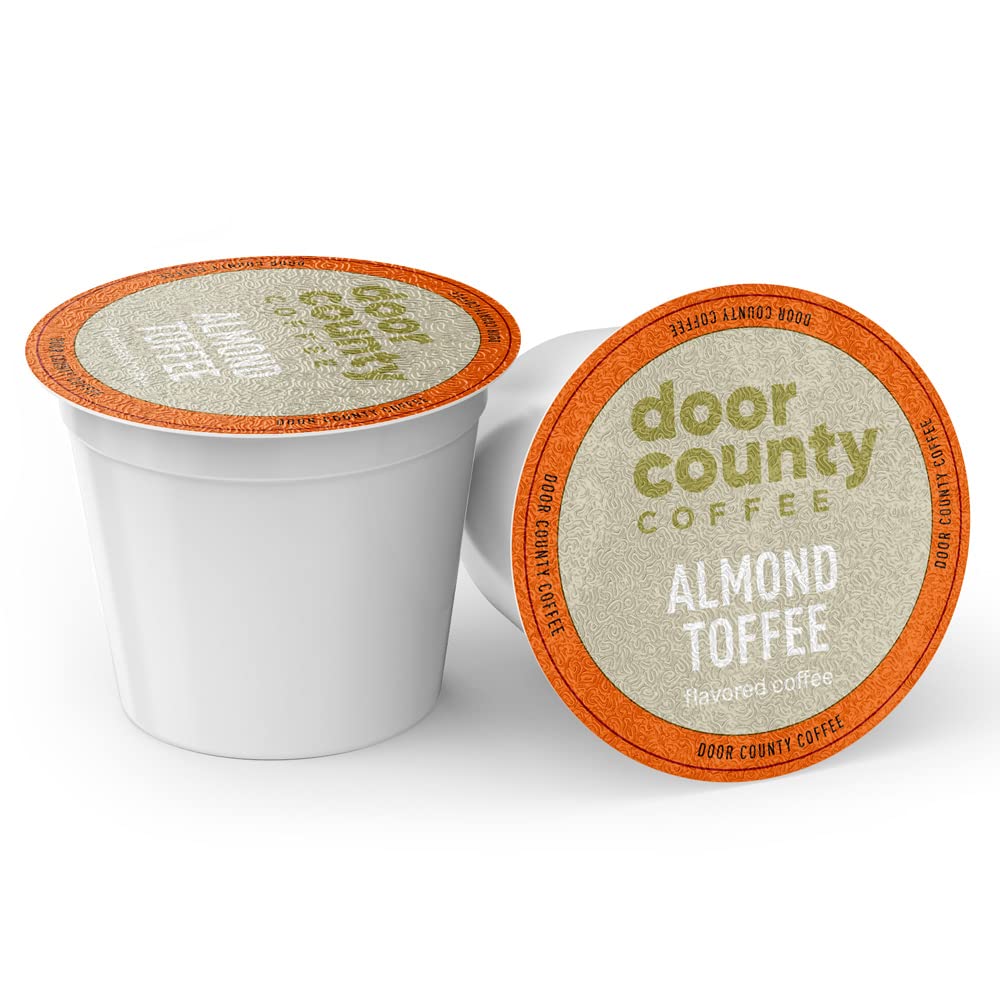 Door County Coffee Almond Toffee Flavored Ground | 10 Count Single Serve Cups | Medium Roast | 100% Specialty Arabica | Gourmet