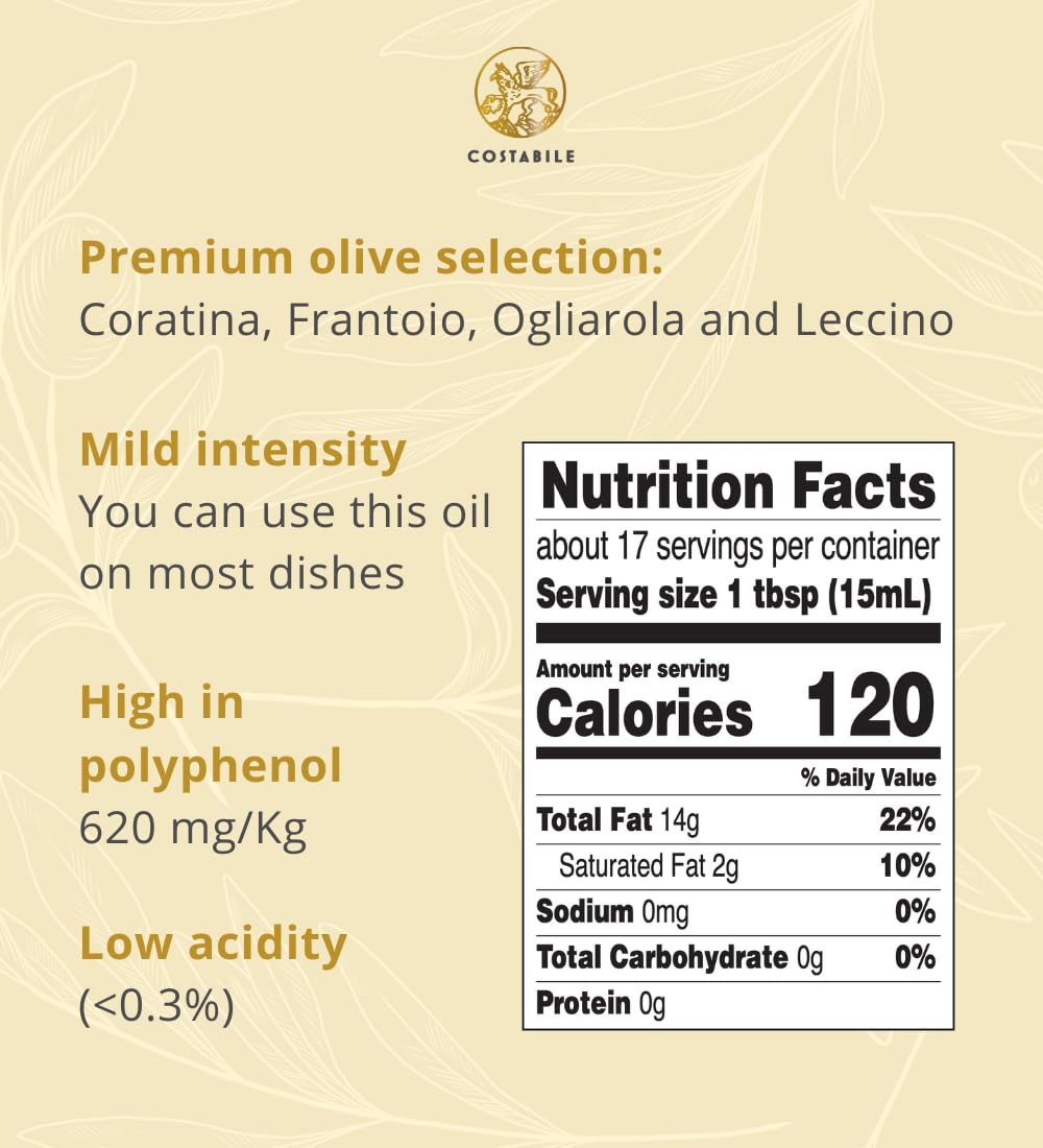 Costabile Organic Extra Virgin Butter Olive Oil, 8.45 Fl Oz - Ideal for Baking, Cooking, and Popcorn Seasoning