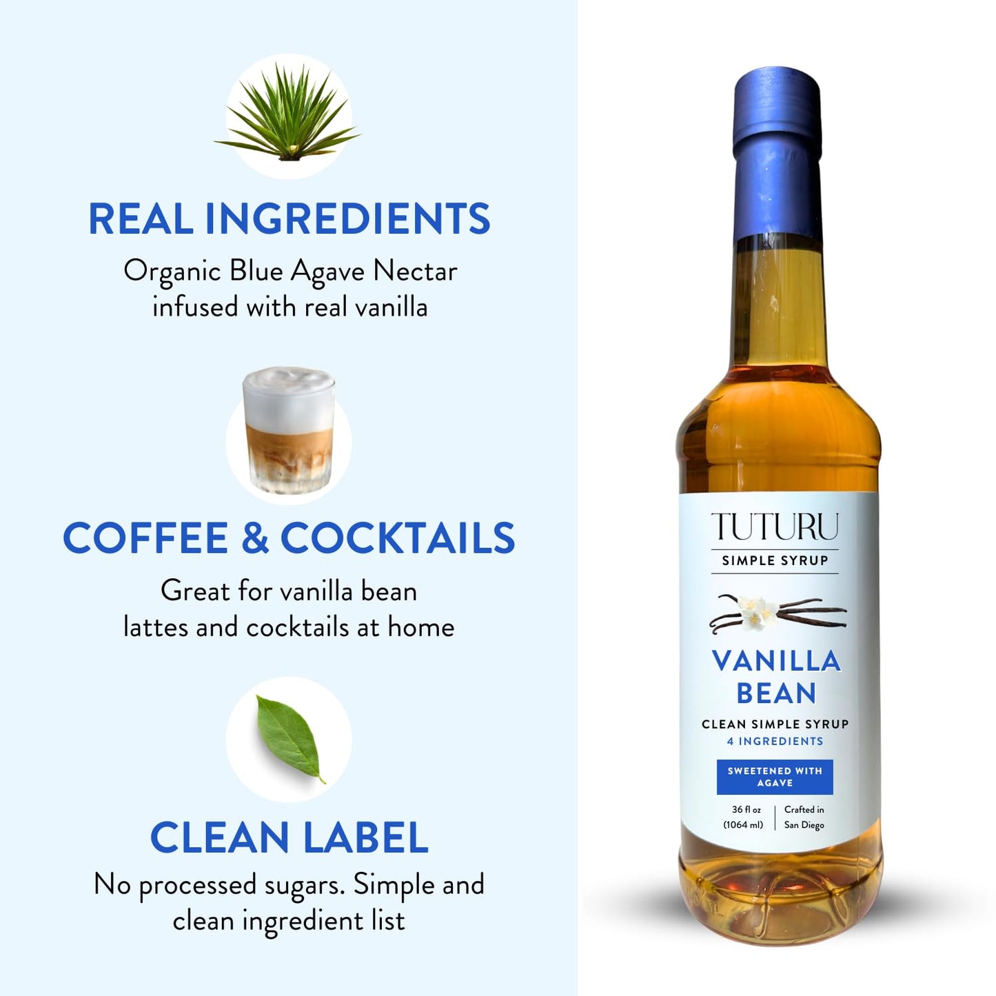 Vanilla Bean Agave Simple Syrup for Coffee & Cocktails - Sweetened with Organic Agave Nectar - Infused with Real Vanilla Bean - 36 oz