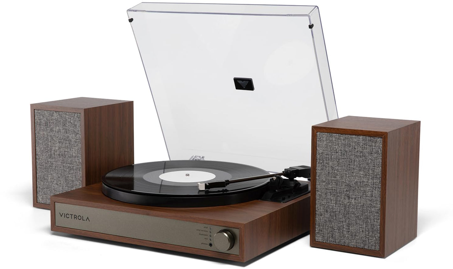 Victrola Harmony - Bluetooth Turntable System- 3-Speed Vinyl Record Player  Stereo Bookshelf Speakers  Mid-Century Modern Design  Audio Technica ATN3600L  Bluetooth Input and Output (Walnut)
